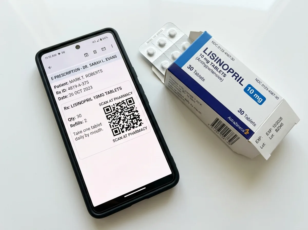 Смартфон с экраном электронного рецепта и QR-кодом, рядом упаковки лекарств на белом фоне