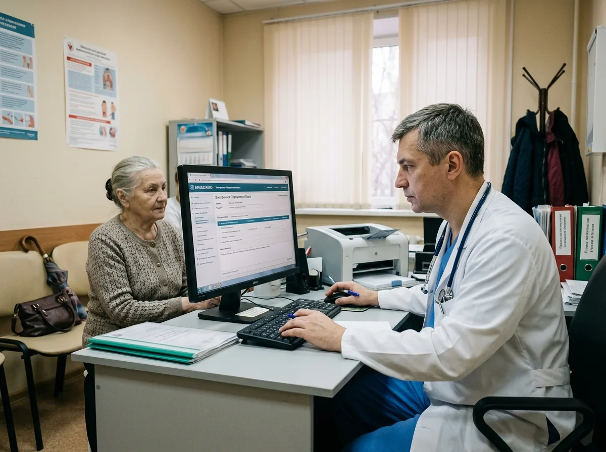 Врач работает с электронной медицинской картой пациента в системе ЕМИАС на рабочем месте в поликлинике